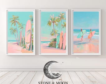 Surfing Wandkunst 3er Set, Küstenbrandung Drucke, Strand Surfbrett Kunst, Surfer Mädchen Dekor, Pink Teal Ocean Art, Küstendruckbares Set 917