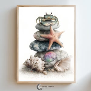 Coastal Seashell Wall Art, Crab Starfish Beach Print, Ocean Shell Illustration, Nautical Coastal Decor, Beach Shell Painting, Printable 305