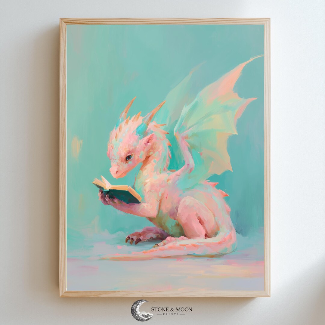 Cute Baby Dragon Wall Art, Reading Dragon Print, Pastel Fantasy Nursery ...