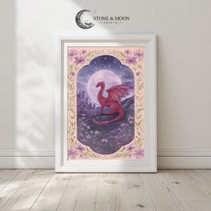 Romantic Fantasy Dragon Art - Dreamy Pastel Landscape, Bookish Wall Art, Decorative Floral Border, Mystical Scene, Digital Download  1232