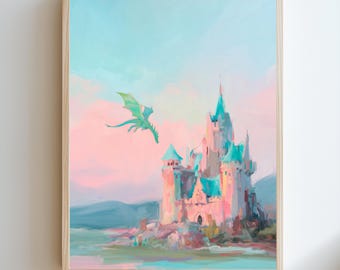 Fantasy Castle Wall Art, Dragon Castle Painting, Dreamy Fairytale Landscape Print, Pastel Fantasy Kingdom Decor, Magical Castle Artwork 18