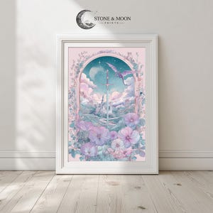 Fantasy-inspired sword decor for playroom — soft pastel watercolor illustration adorned with enchanting elements and a bright moon.