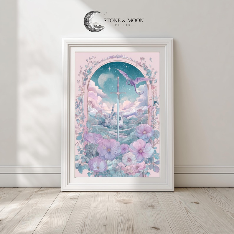 Fantasy-inspired sword decor for playroom — soft pastel watercolor illustration adorned with enchanting elements and a bright moon.