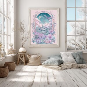 Upright sword poster for bedroom — dreamy pastel fantasy artwork with ornate floral frame and a peaceful starry night backdrop.
