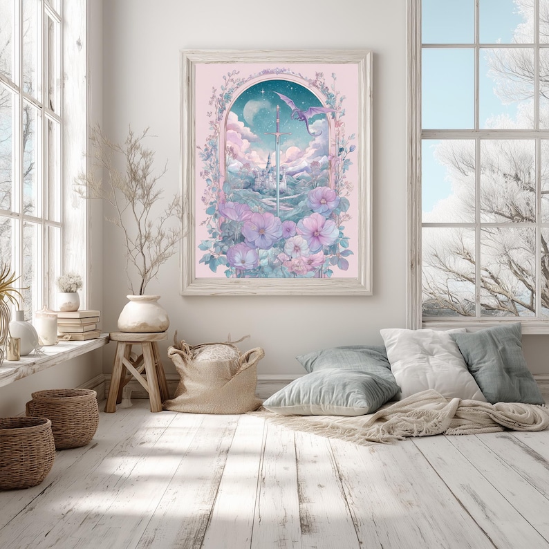 Upright sword poster for bedroom — dreamy pastel fantasy artwork with ornate floral frame and a peaceful starry night backdrop.