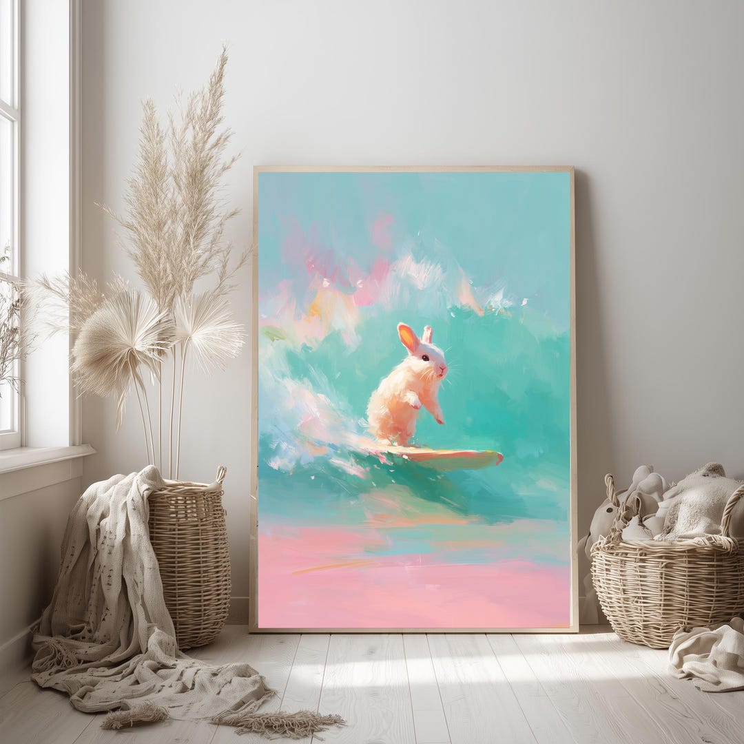 Bunny Surfing on Vibrant Waves - Playful Pastel Beach Art, Cute Rabbit ...