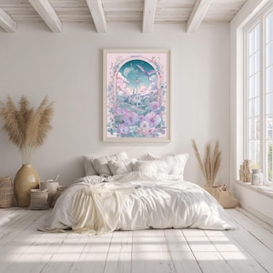 Fantasy sword wall art for living room — romantic and delicate design showcasing pastel colors, floral accents, and a distant castle in the hills.
