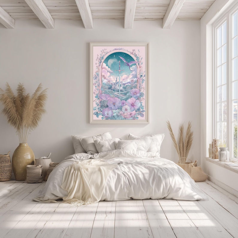 Fantasy sword wall art for living room — romantic and delicate design showcasing pastel colors, floral accents, and a distant castle in the hills.