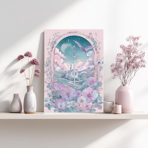 Charming sword wall art for entryway — dreamy fantasy illustration with ornate border and a vibrant pastel sky, setting a welcoming tone.