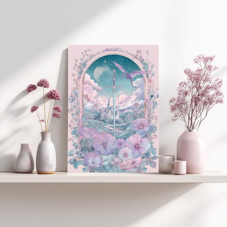 Charming sword wall art for entryway — dreamy fantasy illustration with ornate border and a vibrant pastel sky, setting a welcoming tone.