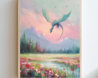 Fantasy Dragon Landscape Wall Art, Dragon Flying Over Kingdom Print, Magical Fairytale Decor, Dreamy Fantasy Artwork 46