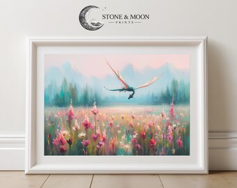 Dragon Over Wildflower Meadow Fantasy Printable Wall Art - Watercolor Cottagecore Pastoral Romantic Scene Digital Painting 540
