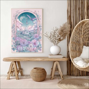 Sword artwork digital download for craft room — pastel-hued fantasy illustration set in a serene landscape with floral details.