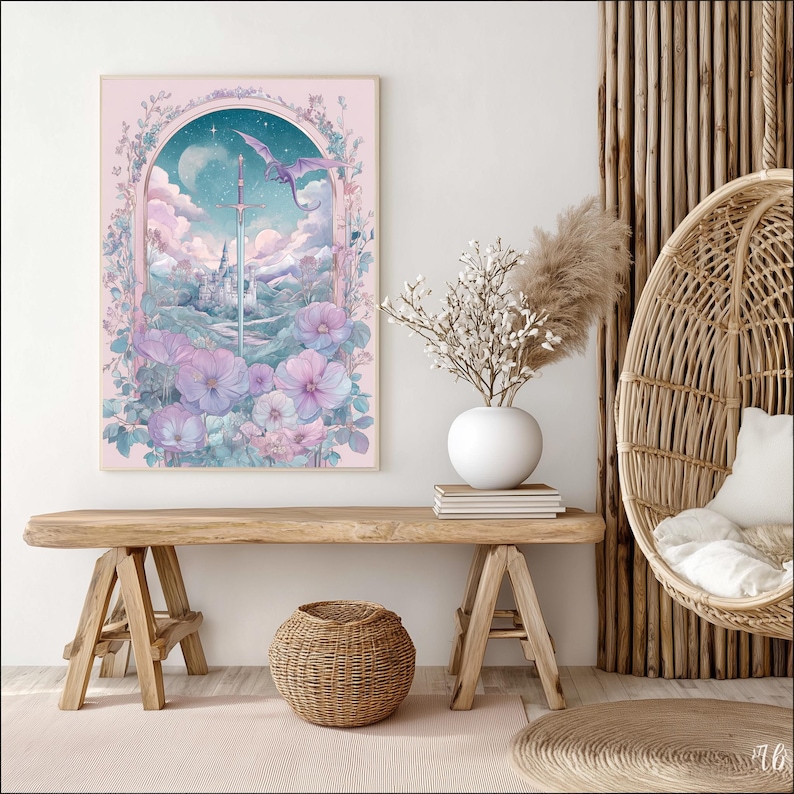 Sword artwork digital download for craft room — pastel-hued fantasy illustration set in a serene landscape with floral details.