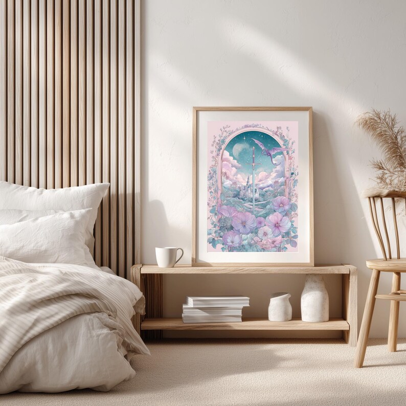 Watercolor sword picture for hallway — charming decor with dreamy tones, large blossoms, and a peaceful moonlit sky setting.