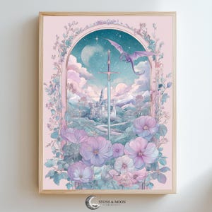 Mystical sword art for gallery wall — romantic wall art featuring lush blossoms, a charming dragon, and a tranquil starry sky.