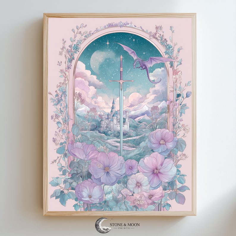 Mystical sword art for gallery wall — romantic wall art featuring lush blossoms, a charming dragon, and a tranquil starry sky.
