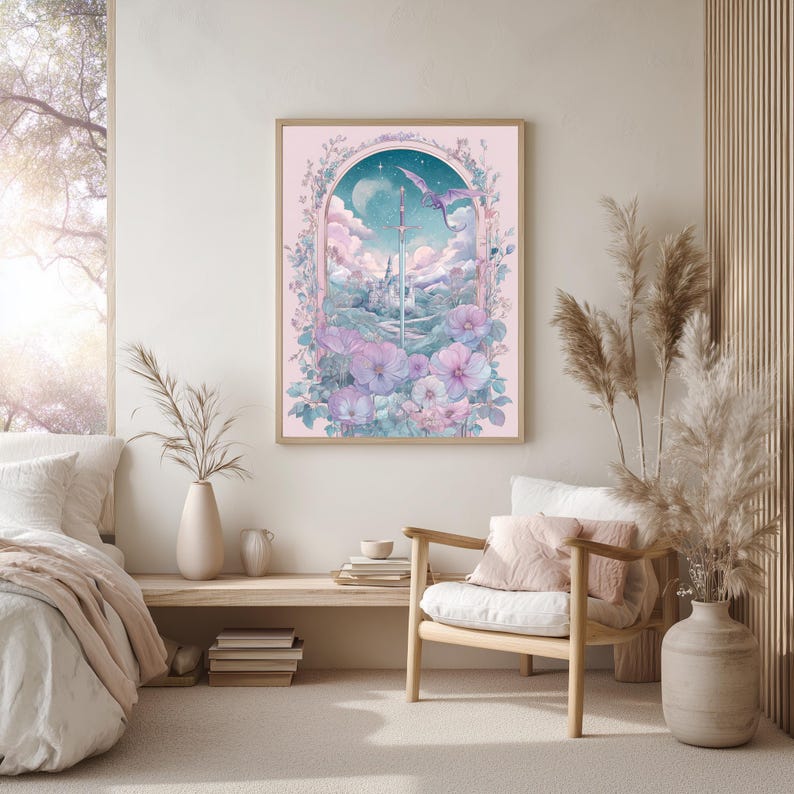 Sword illustration poster for meditation space — serene watercolor art captured in gentle, calming pastels, with an inviting floral frame.