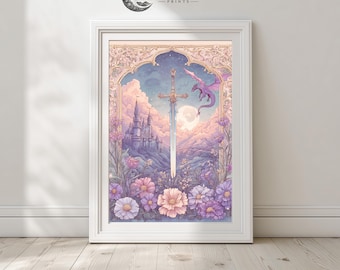 Fantasy Sword and Purple Dragon Tarot Art - Mystical Watercolor Printable, Pastel Moody Decor, Dreamy Castle Scene, Instant Download 1225