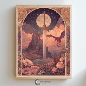 May include: A framed fantasy art print featuring a large sword in front of a castle, a dragon, and a full moon. The artwork is framed with a floral border and a soft color palette of pinks, purples, and blues.