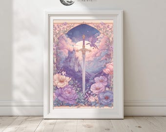 Romantic Dragon Fantasy Sword Art Dreamy Pastel Decor, Floral Fantasy Print, Mystical Landscape Wall Art, Dragon Lover Digital Download 1244