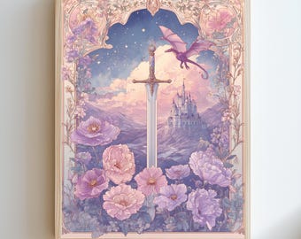 Fantasy Dragon Print Bookish Wall Art, Printable Watercolor Castle Scene, Vintage Pastel Decor, Dragon Lover Gift, Digital Download 1226