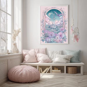 Whimsical sword print for studio — soothing watercolor illustration with climbing vines, delicate colors, and a magical moonlit scene.