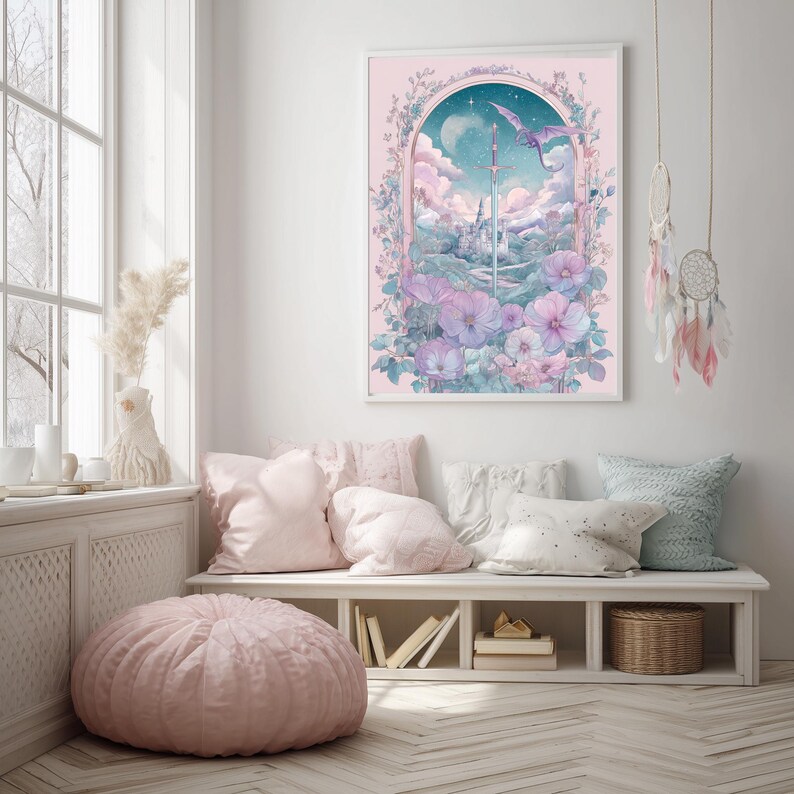 Whimsical sword print for studio — soothing watercolor illustration with climbing vines, delicate colors, and a magical moonlit scene.