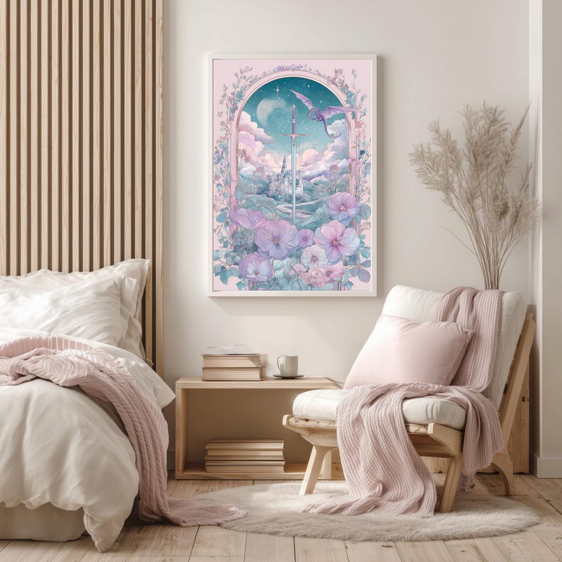Sword illustration digital print for nursery — enchanting art featuring a starry backdrop and climbing vines, perfect for whimsical decor.