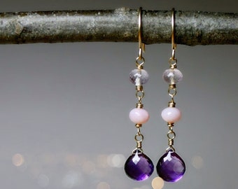 14K gold Amethyst Pink Opal Rose Quartz Dangle Earrings