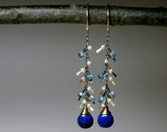 Boucles d'oreilles lapis aigue-marine et perles en argent sterling plaqué or 14 carats