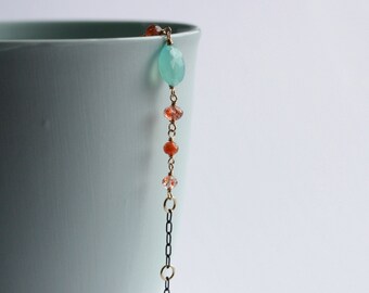 AUSTRALIA 14K Gold-filled Oxidized 925 Sterling Silver Aqua Chalcedony Orange Sunstone Mixed Metal Bracelet