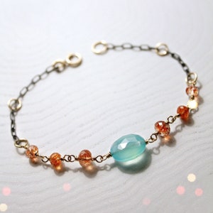 AUSTRALIA 14K Gold-filled Oxidized 925 Sterling Silver Aqua Chalcedony Orange Sunstone Mixed Metal Bracelet image 2