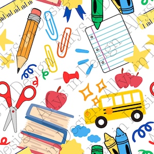 May include: A seamless pattern featuring school-themed illustrations. Includes a yellow school bus, pencils, scissors, books, apples, paper clips, and crayons. The design incorporates a variety of colors, including red, blue, yellow, and green, on a white background.