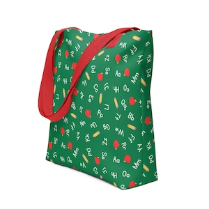 Sac fourre-tout pour professeur Alphabet ABC Meilleur travail scolaire Éducation Cadeau de garderie Robuste Pommes Crayons Maternelle Primaire Littérature anglaise Vert