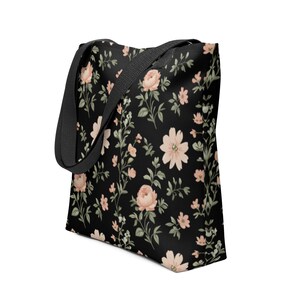 Sac fourre-tout élégant vintage à base de noir à imprimé floral rose sauge vert délicat motif fiançailles cadeau de fête de mariée féminin assorti