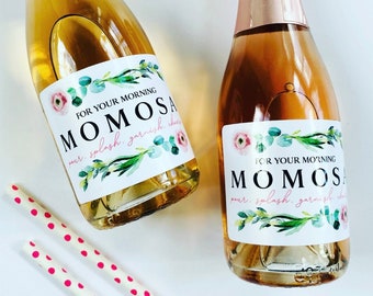 Mothers Day Mini Champagne Label Favor, Best Mom Wine Label Gift for Mothers Day Brunch, Baby Shower Mimosa Bar Drink Tag, MOMosa Stickers