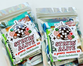 Staying Alive Bachelorette Party Hangover Kit Bag, Groovy Bachelorette Recovery Kit, 70s Retro Themed Birthday Decor, Girls Night Out Pouch