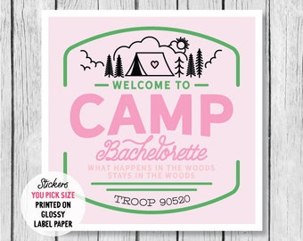 Camp Bachelorette Party Welcome Label, Cabin Themed Sticker Label, Party Decor for Weekend in the Woods, Troop Beverly Hills Tag