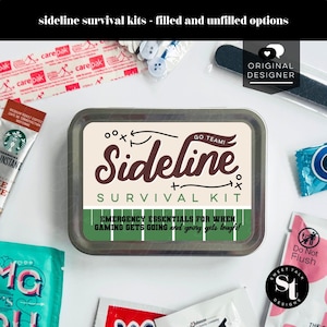May include: A metal tin labeled "Sideline Survival Kit" with text and graphics. The kit includes emergency essentials for when gaming gets going. The image also shows various small packets and items.