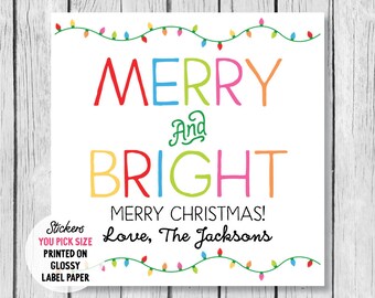 Merry and Bright Christmas Card Address Label, Colorful Christmas Gift Packaging Sticker, Holiday Label Envelope Seal, Treat Bag Label