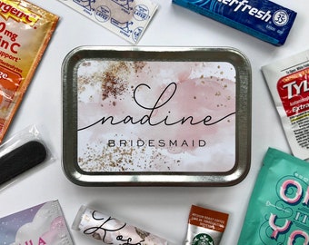 Personalized Bridesmaid Survival Kit Gift Box Tin, Will You Be My Bridesmaid Maid of Honor Proposal Favor Wedding Day Emergency Kit