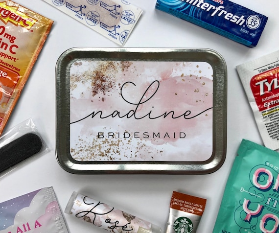 Personalized Bridesmaid Survival Kit Gift Box Tin, Will You Be My Bridesmaid Maid of Honor Proposal Favor Wedding Day Emergency Kit Il_570xn