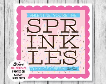 Kids Valentines Day Ice Cream Sticker Label, Sprinkles Valentines Day Sticker, Valentines Day Treat Bag Tag, Ice Cream Valentine for Girl