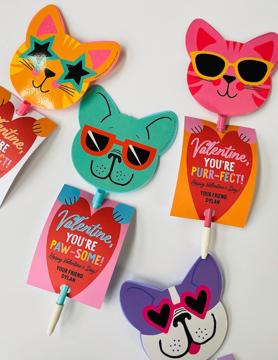 Kids Valentines Day Pen Card, Kitten Puppy Valentine, Preschool Valentine, Cat Dog Valentine, Girl Valentine, Valentine Favor Il_570xn