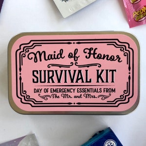 Bridesmaid Wedding Day Survival Kit Gift, Will You Be My Bridesmaid Hangover Emergency Kit, Bridesmaid Gift Box Tin image 2