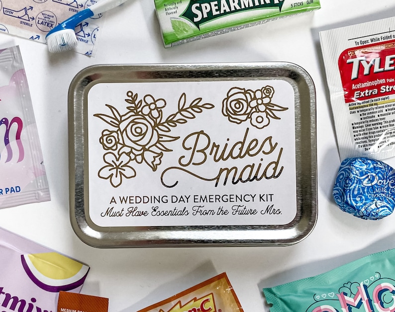 Bridesmaid Wedding Day Survival Kit Gift, Will You Be My Bridesmaid Hangover Emergency Kit, Bridesmaid Gift Box Tin image 1