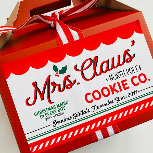 Weihnachtsplätzchen-Tausch-Behälterbehälter, Feiertags-Plätzchen-Tausch-Favor-Box, Mrs. Claus Cookie Company Aufkleber Etikett, Geschenkverpackung