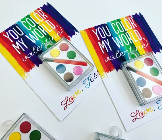 Kids Valentines Day Card, Preschool Valentine Favors, Art Valentine, Paint Valentine, Rainbow Tag, You Color My World Valentines Day Card Il_570xn