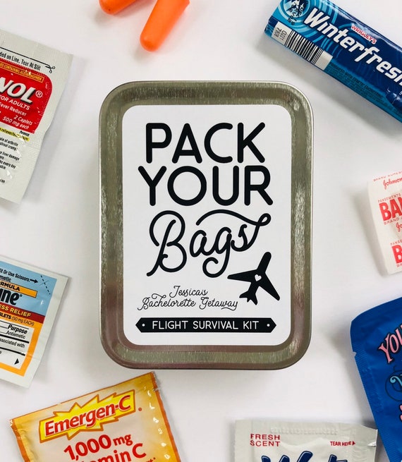 Pack Your Bags Destination Bachelorette Party Flight Survival Kit Gift Tin, Survival Kit Gift Box for Bachelorette Getaway, Graduation Trip Il_570xn